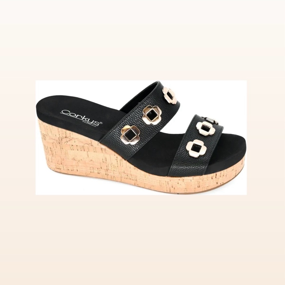 Corkys Black and Tan Wedge Sandals